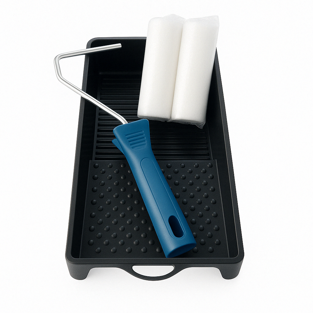 Maler-Set: Farbwanne, Walzenhalter, 2 Schaumstoffwalzen (10 cm).